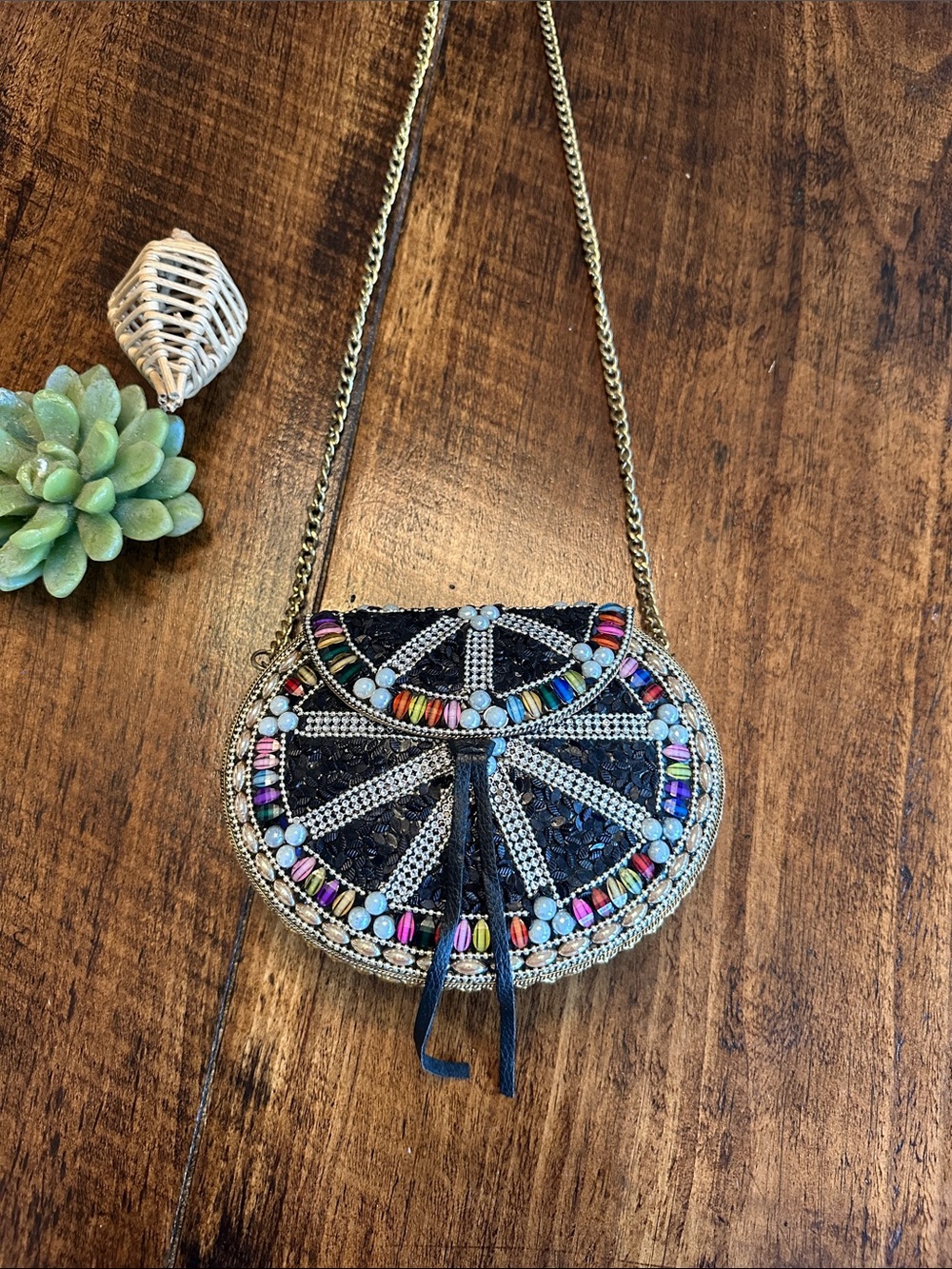 LULU NYC | Beaded Black Iron Mosaic Clamshell Crossbody Chain Bag